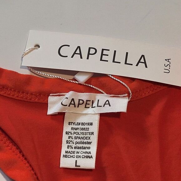 NEW Capella Split Neck Tank Bodycon Pencil Club Dress Stretch Red / Orange Large - Picture 2 of 9
